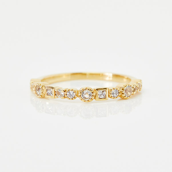 mixed stone and shape diamond and cz eternity ring in gold