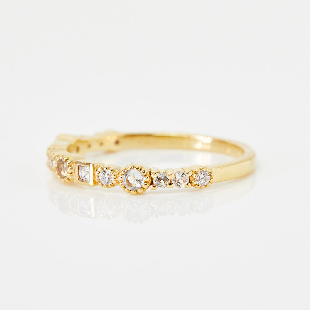 mixed stone and shape diamond and cz eternity ring in gold