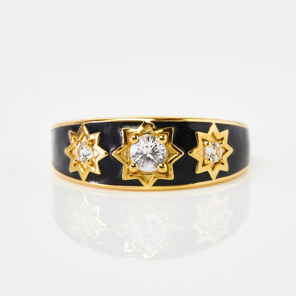black enamel cz star ring in gold 