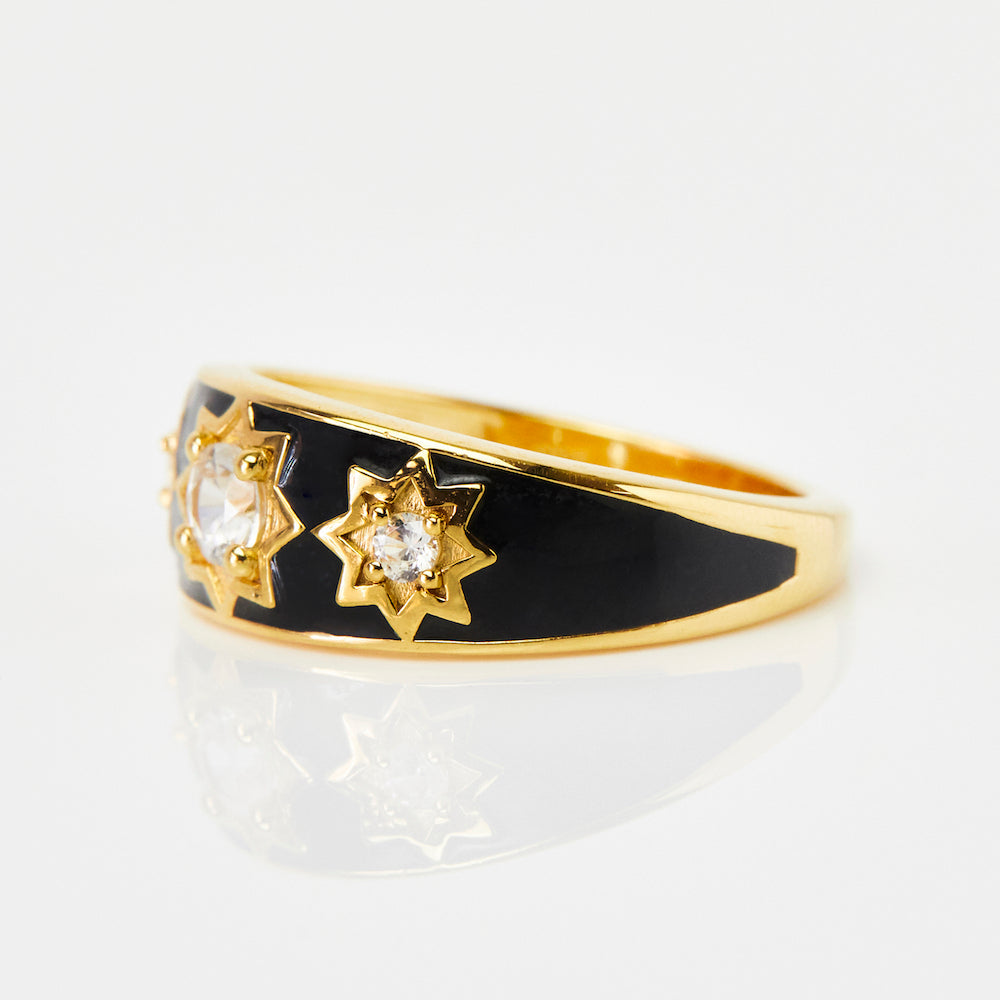 black enamel cz star ring in gold 