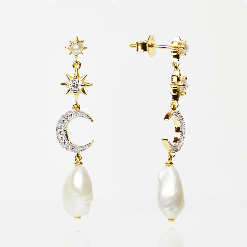 celestial pearl and cz drop earrings