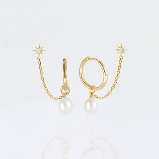 Pearl Hoop & Chain Star Stud Earring