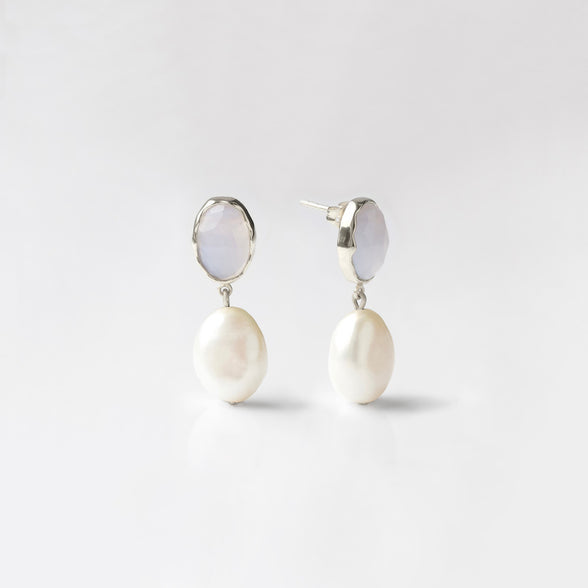 Iris Blue Lace Agate & Pearl Drop Earrings