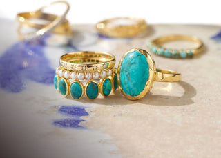 Carrie Elizabeth Gold Stacking Rings Gemstone Turquoise Pearl Diamonds