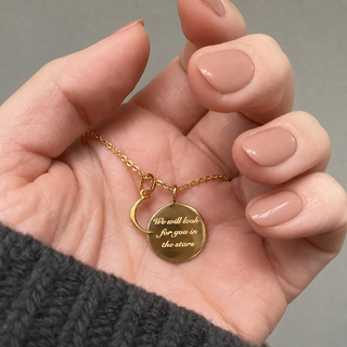"We will look for you in the stars" Coin Necklace with Crescent Moon Charm