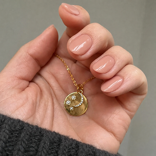 "We will look for you in the stars" Coin Necklace with Crescent Moon Charm