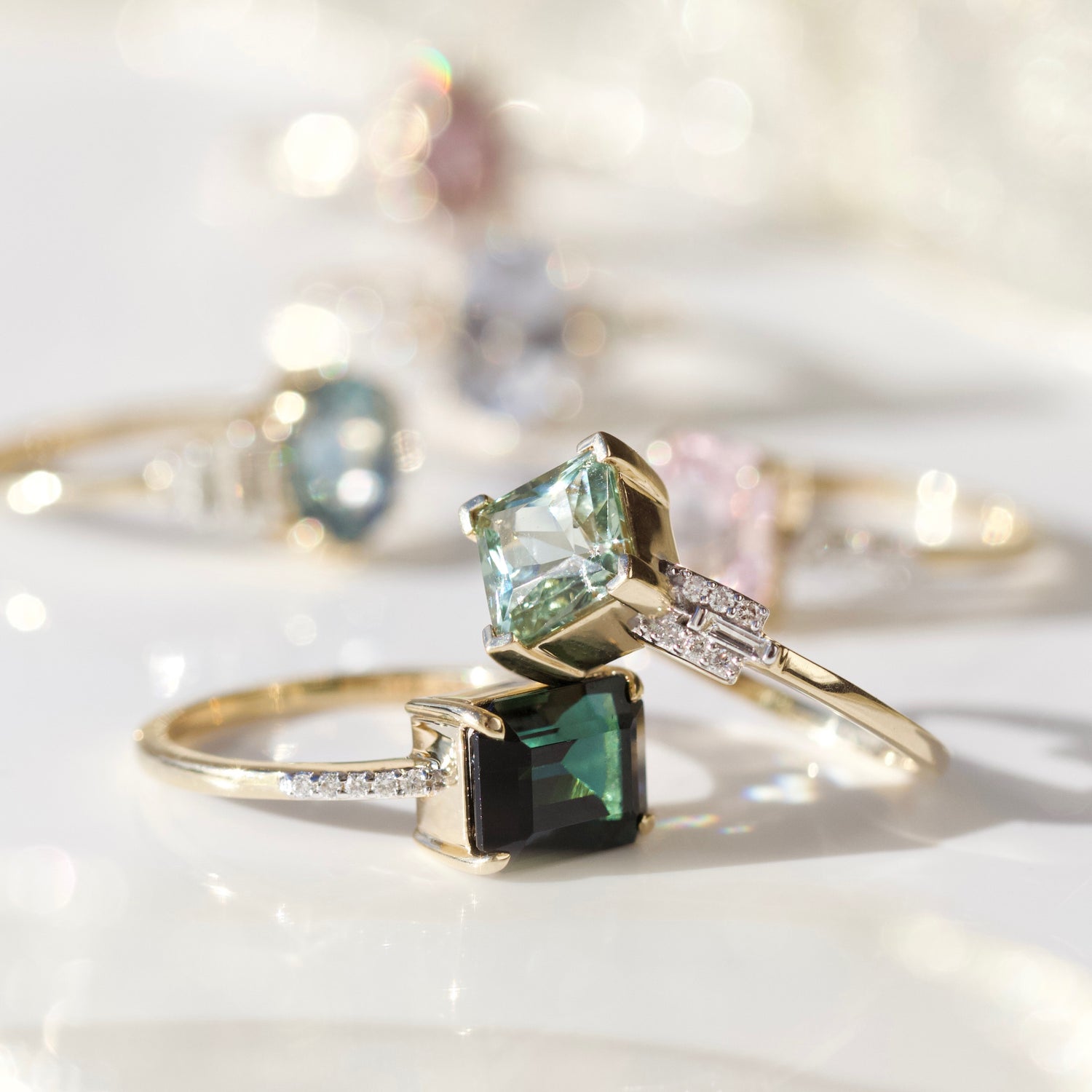 Tourmaline and diamond exclusive engagement ring in 14k gold