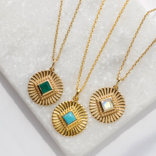 Turquoise sunray coin necklace in gold vermeil