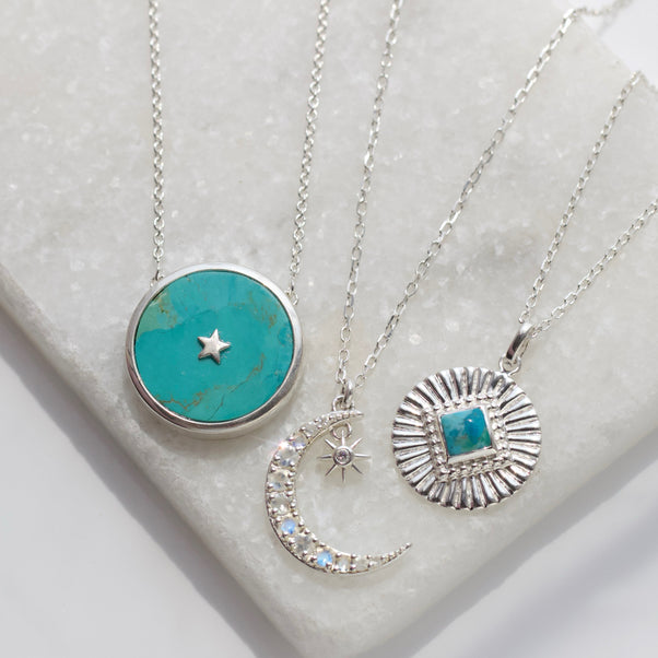 turquoise sunray coin necklace in silver