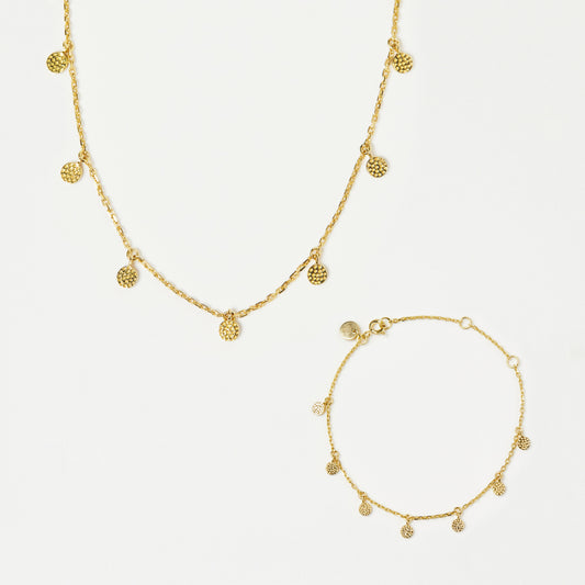 hanging coin necklace and bracelet set in gold
