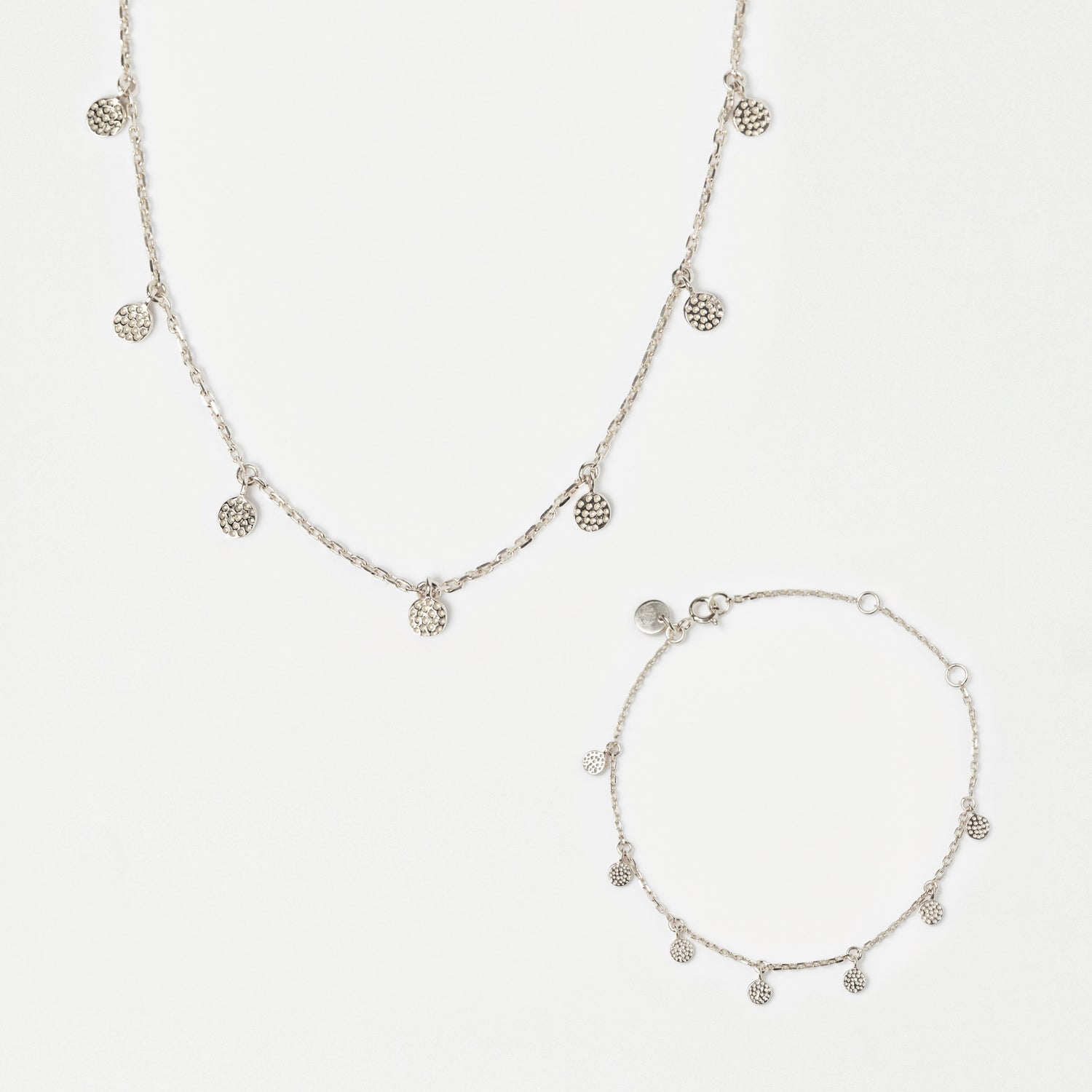 hanging coin necklace and bracelet set in silver