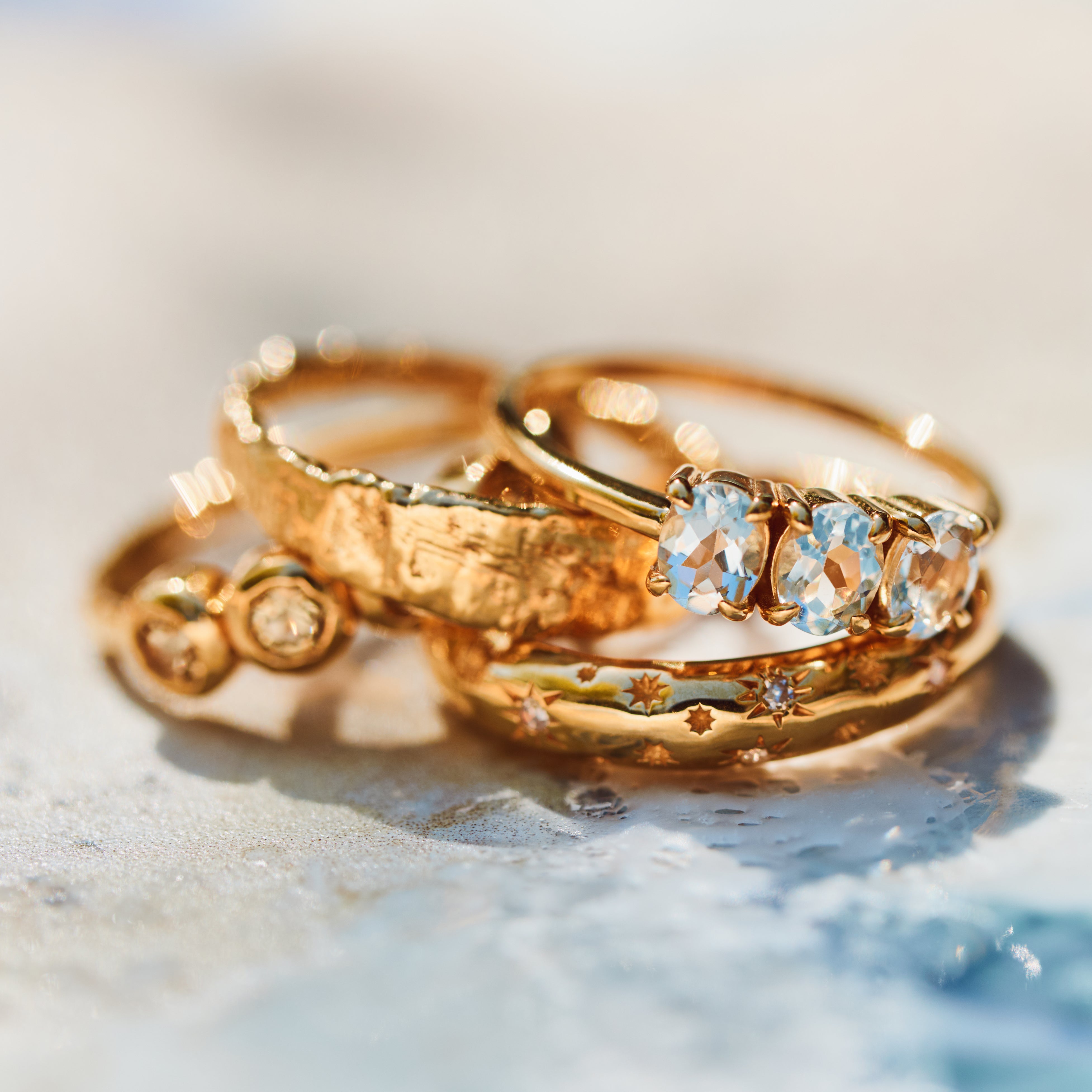 gold vermeil three stone aquamarine ring