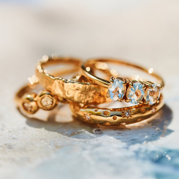 gold vermeil three stone aquamarine ring