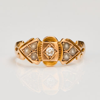 Vintage Champagne Pearl and Diamond 15k Yellow Gold Ring- UK Size M