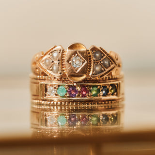 Vintage Champagne Pearl and Diamond 15k Yellow Gold Ring- UK Size M