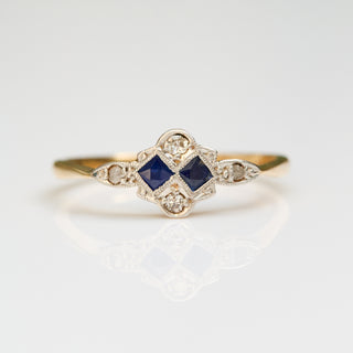 Vintage Sapphire and Diamond 18k Yellow Gold and Platinum Ring- UK Size N 1/2