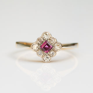 Vintage Ruby and Diamond 18k Yellow Gold and Platinum Ring- UK Size N 1/2
