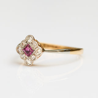 Vintage Ruby and Diamond 18k Yellow Gold and Platinum Ring- UK Size N 1/2