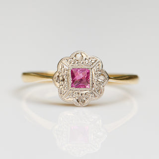 Vintage Ruby and Diamond 18k Yellow Gold Ring- UK Size L 1/2