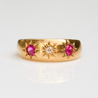 Vintage Ruby and Diamond 18k Yellow Gold Ring- UK Size N