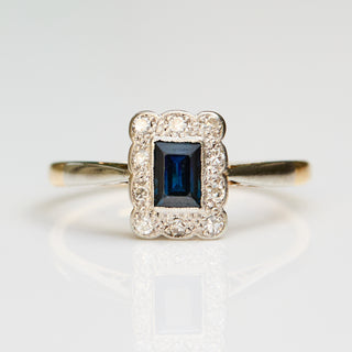 Vintage Sapphire and Diamond 18k Yellow Gold and Platinum Ring- UK Size N