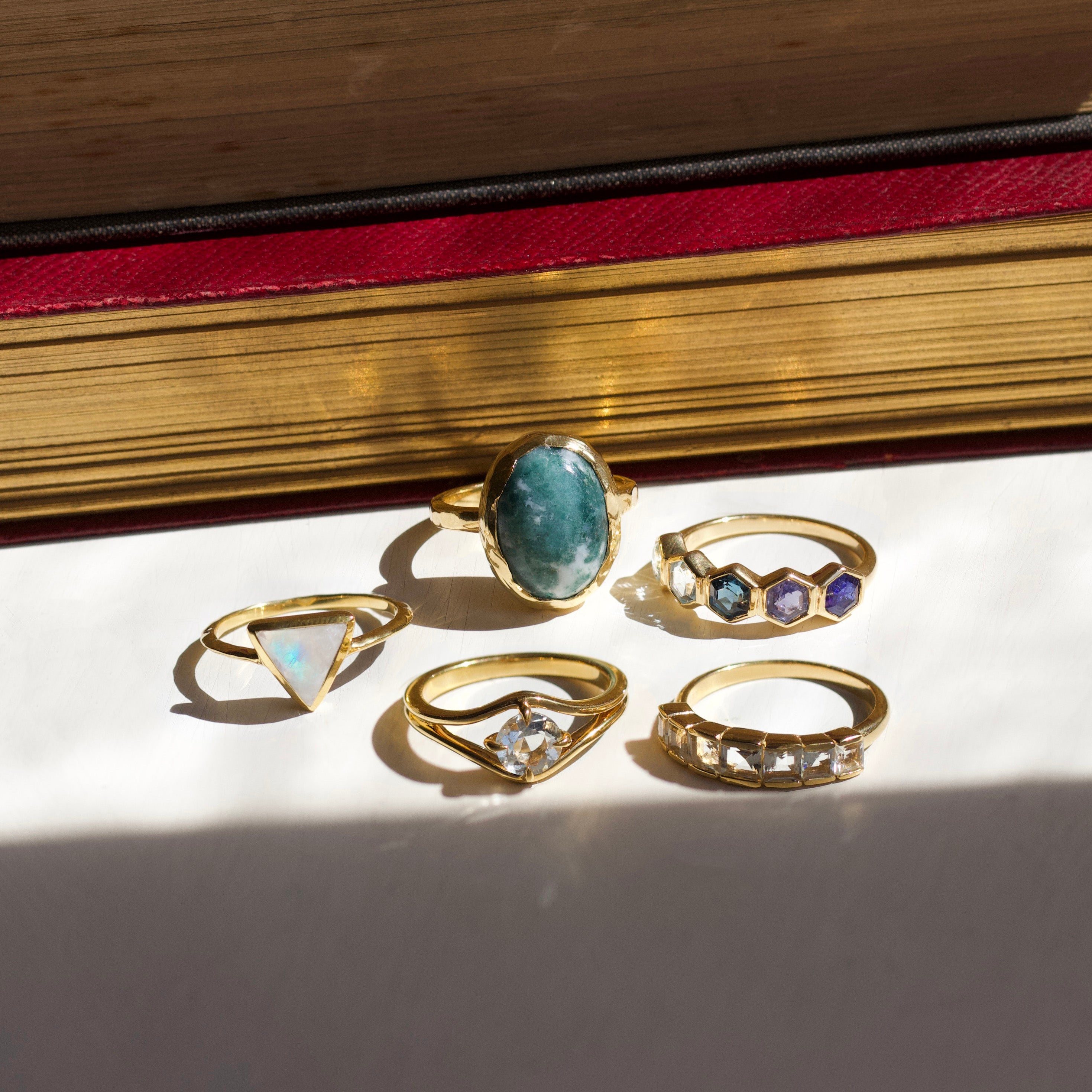 blue hexagon gemstone ring in gold