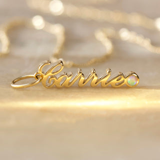 name and birthstone charm pendant in solid gold