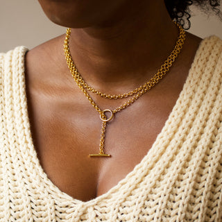 long length t bar belcher chain necklace in gold