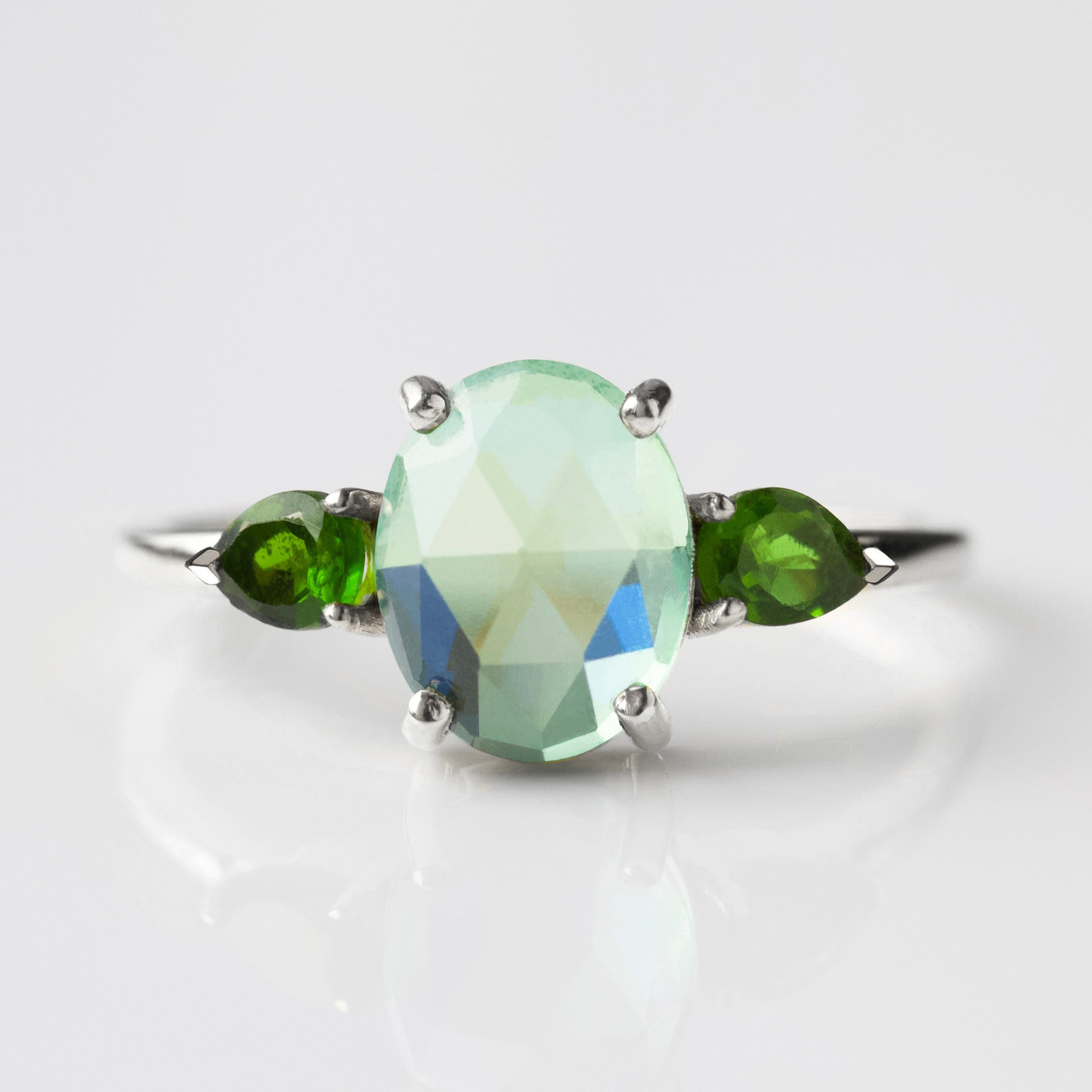 silver blue and green gemstone ring