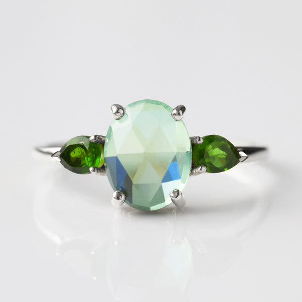 silver blue and green gemstone ring