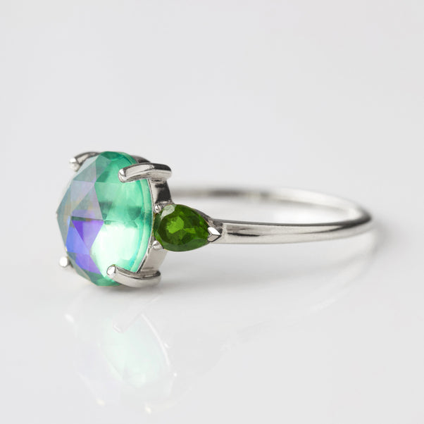 silver blue and green gemstone ring