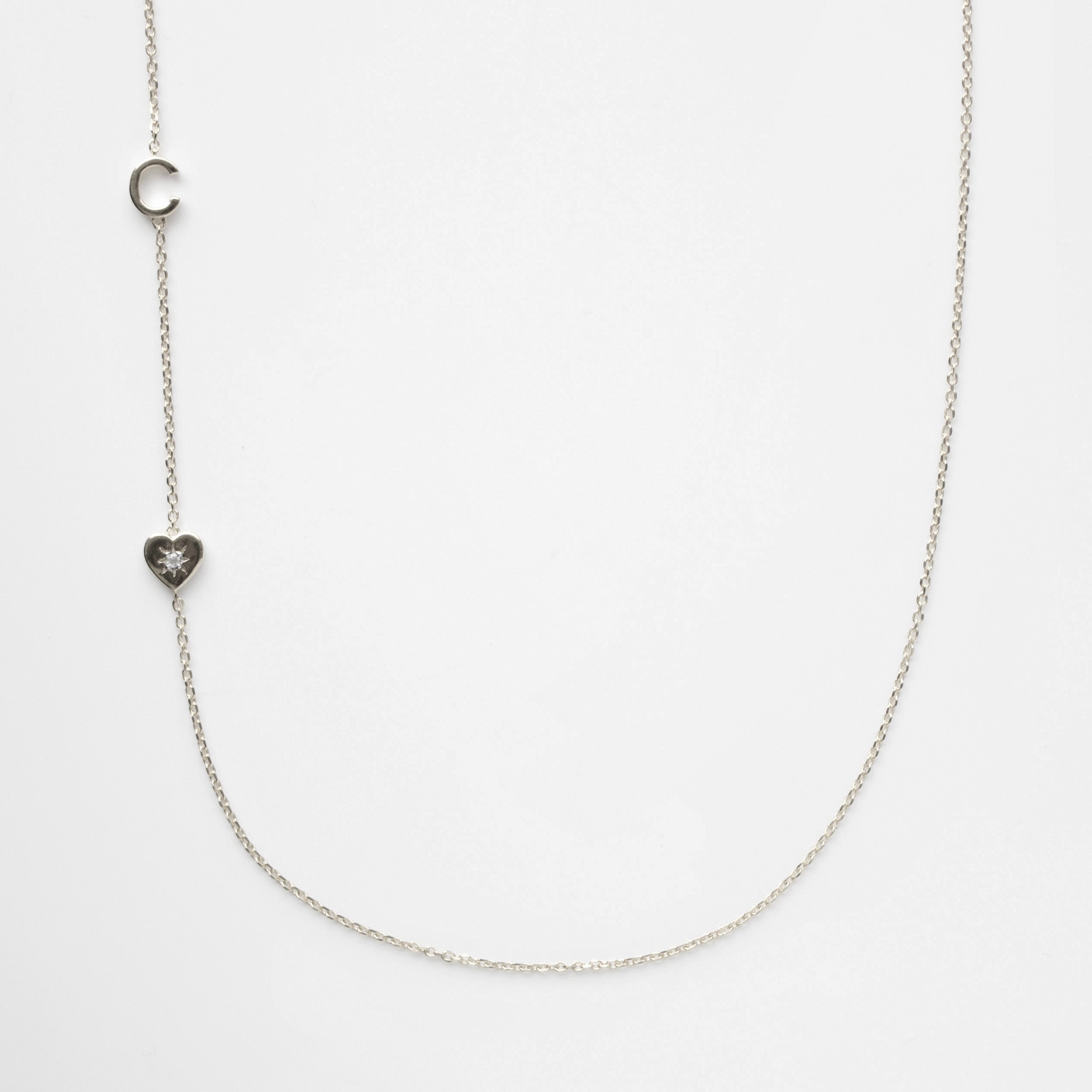 diamond heart and initial necklace silver