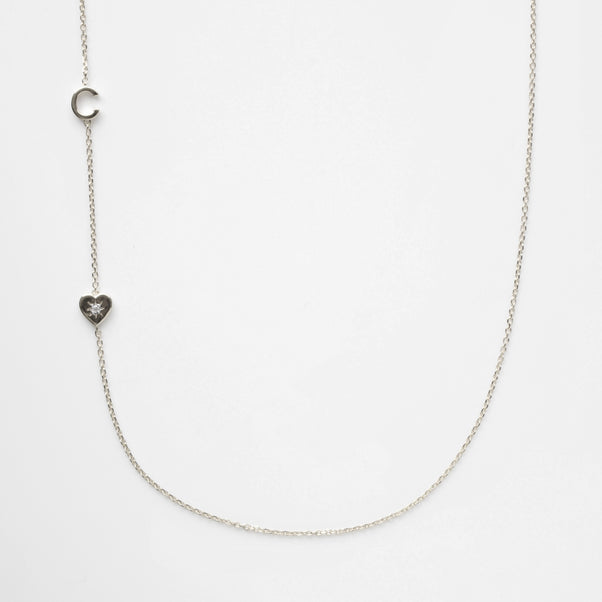 diamond heart and initial necklace silver