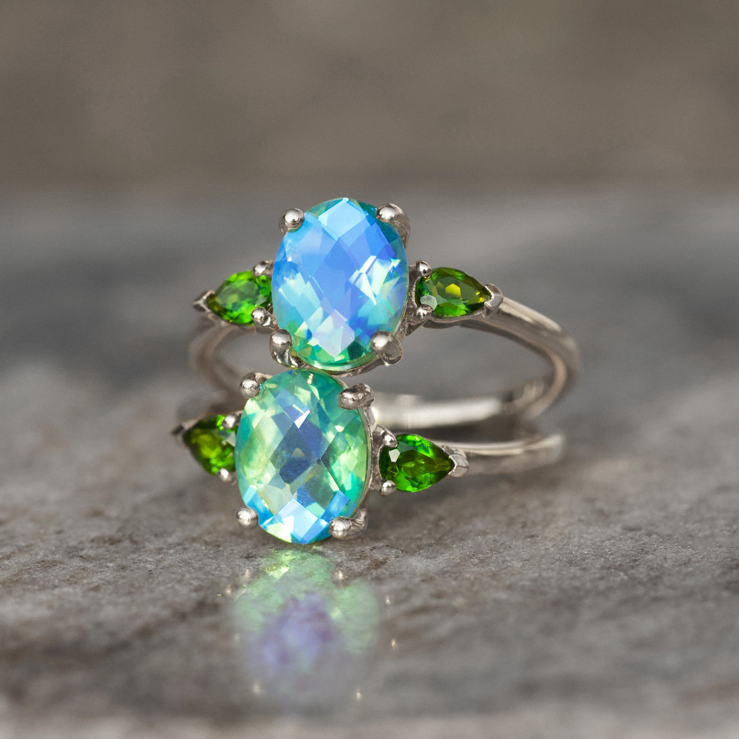 silver blue and green gemstone ring