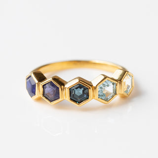 
blue hexagon gemstone ring in gold