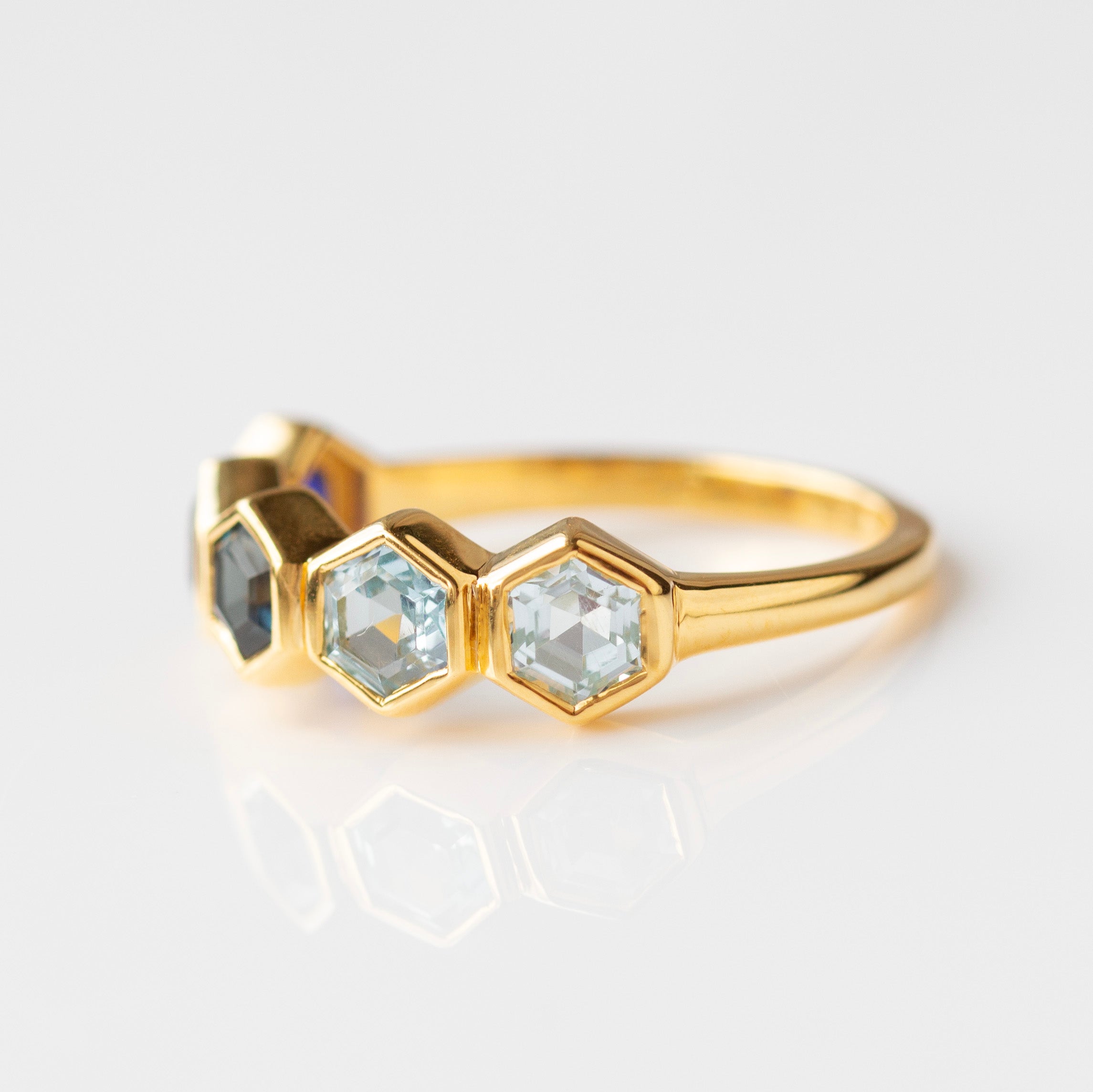 blue hexagon gemstone ring in gold