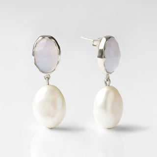 blue lace agate bridal statement earrings with pearl