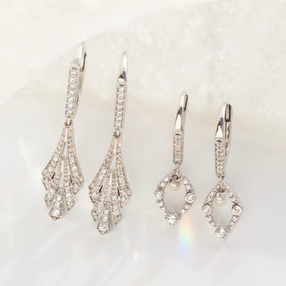 vintage deco fan earrings with white zircon in silver