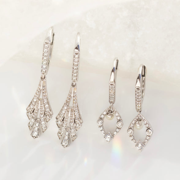 vintage deco fan earrings with white zircon in silver
