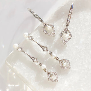 Pearl and white zircon bridal drop vintage earrings 