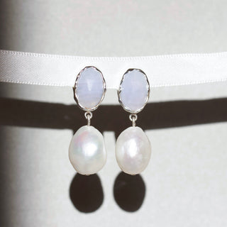 blue lace agate bridal statement earrings with pearl