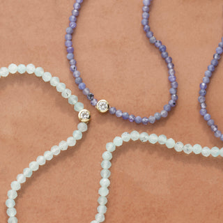 amazonite and diamond beaded necklace in solid goldtanzanite and diamond beaded necklace