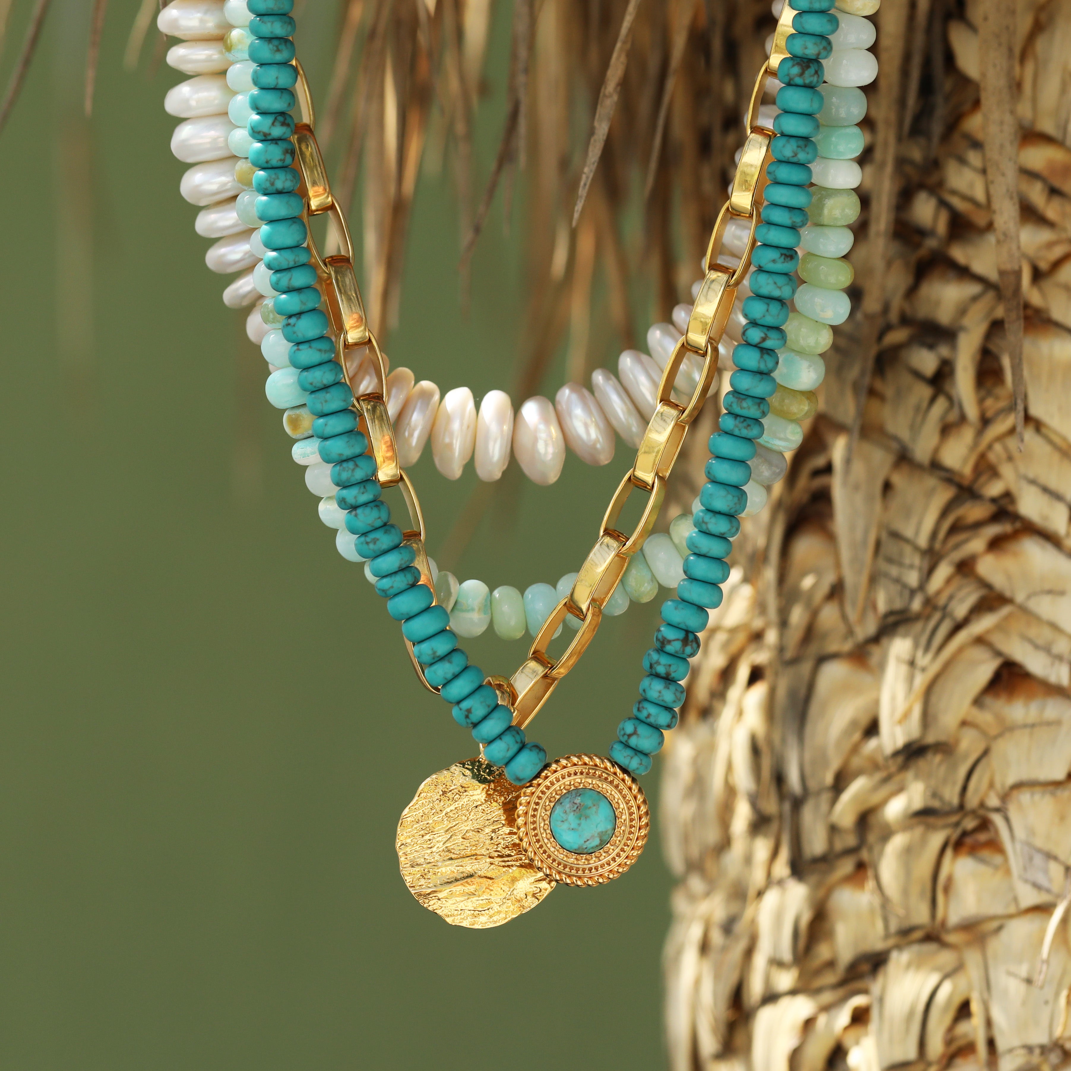 Turquoise Statement Coin Necklace Gold Plated Necklace Carrie