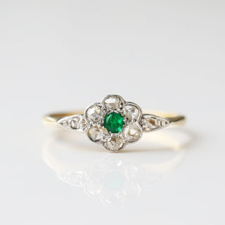 Vintage Emerald and Diamond 18k Yellow Gold and Platinum Ring- UK Size O