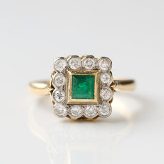 Vintage Emerald and Diamond 18k Yellow Gold Ring- UK Size M 1/2