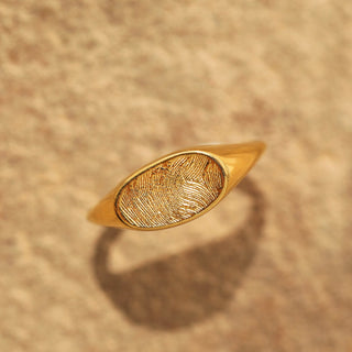 Carrie Elizabeth custom made fingerprint signet ring in gold vermeil