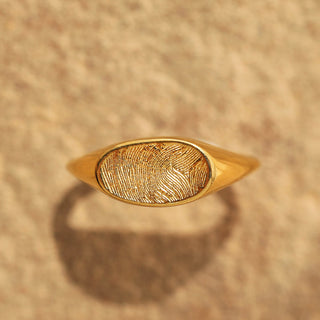 Carrie Elizabeth custom made fingerprint signet ring in gold vermeil