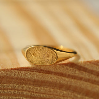 Carrie Elizabeth custom made fingerprint signet ring in gold vermeil