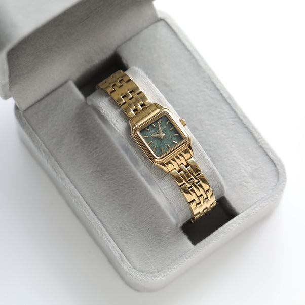 Gold watch with labradorite face