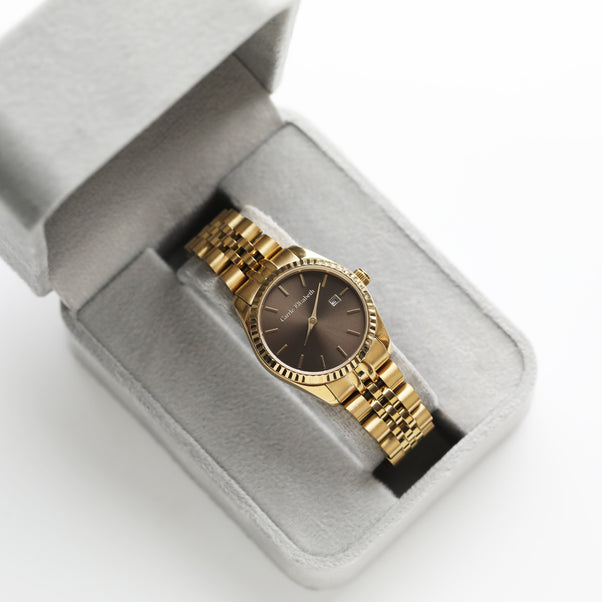 Carrie Elizabeth Gold and chocolate Watch, with 5 link strap